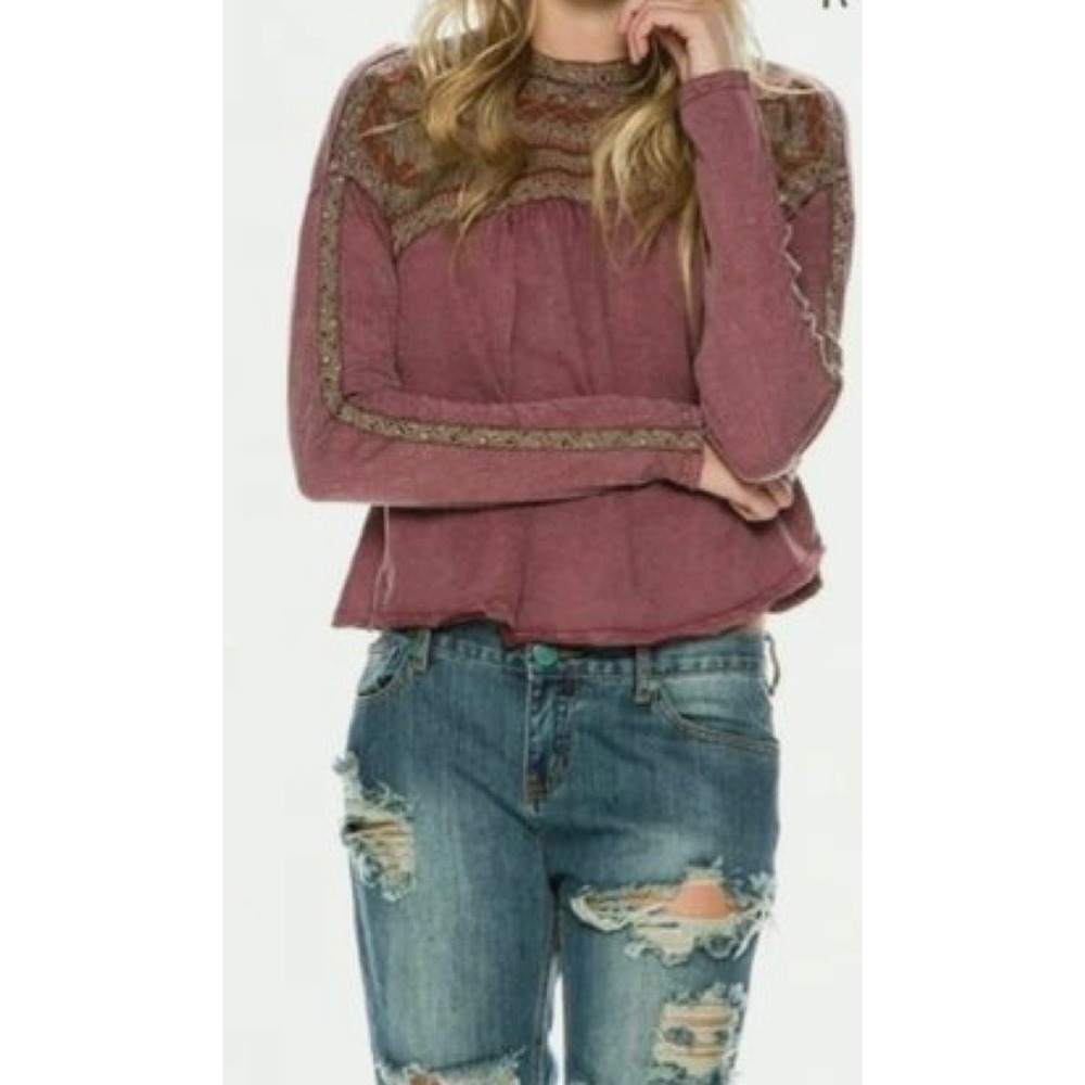 Free People Embroidered Long Sleeve Babydoll Top Plum Mauve Cotton Size Medium